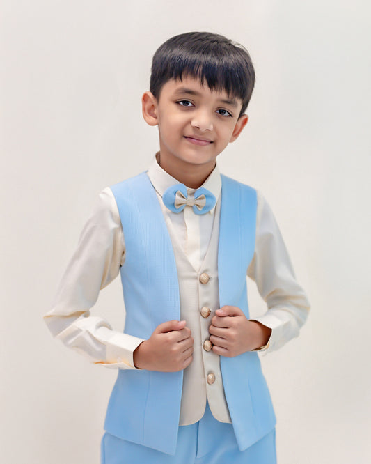 BLUE AND BEIGE COLOUR BLOCK WAISTCOAT SET