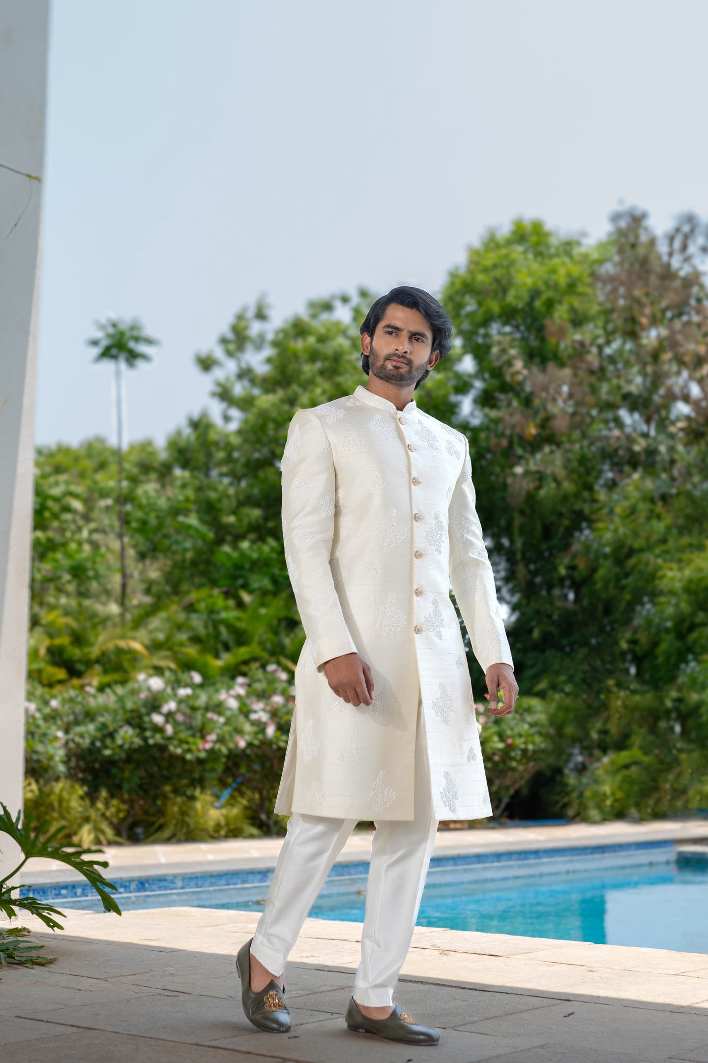 WHITE RAW SILK SHERWANI