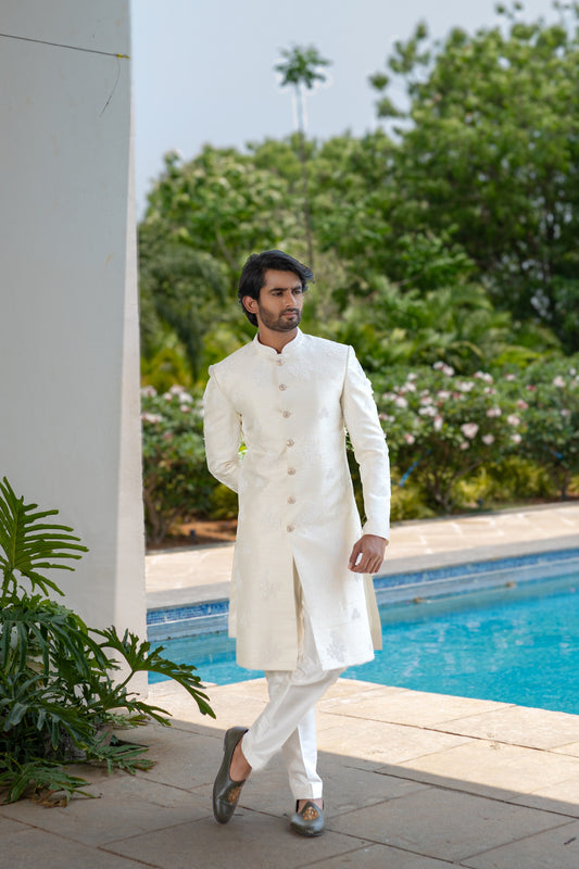 WHITE RAW SILK SHERWANI