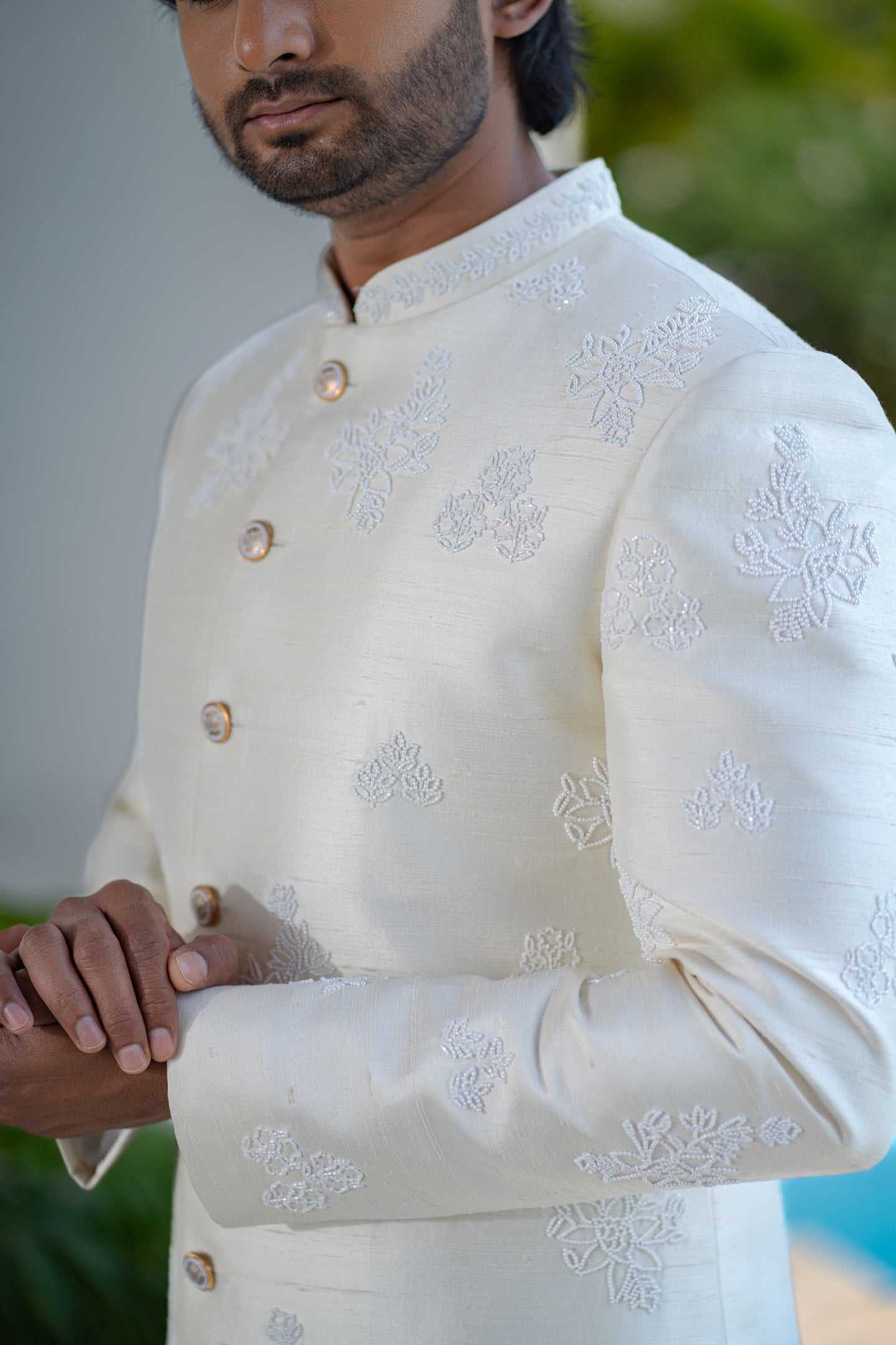 WHITE RAW SILK SHERWANI