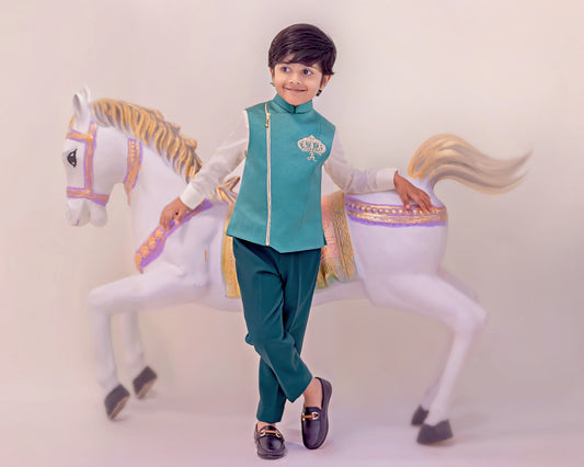 GREEN JACQUARD WAISTCOAT SET