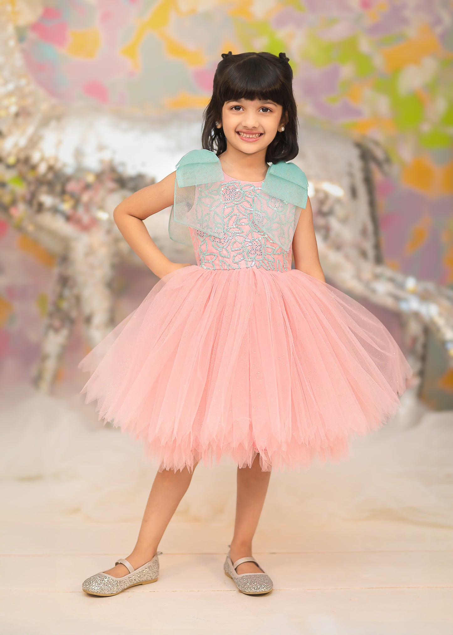 "Pink bow and rose"- teel bow hands frock