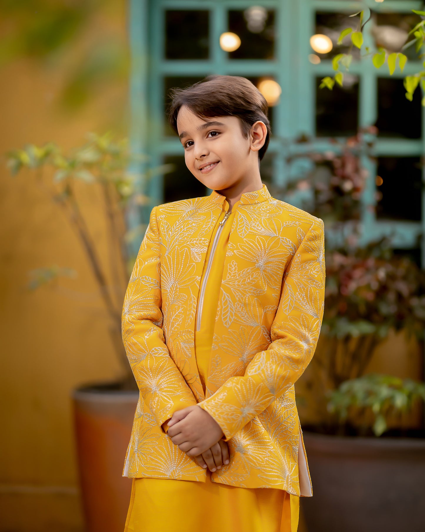 MUSTARD FANCY FABRIC OPEN JACKET WITH MALAI SILK KURTA