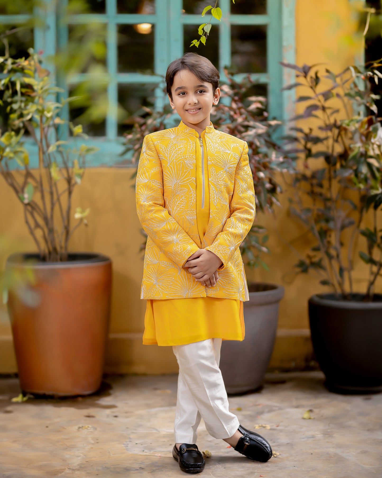 MUSTARD FANCY FABRIC OPEN JACKET WITH MALAI SILK KURTA