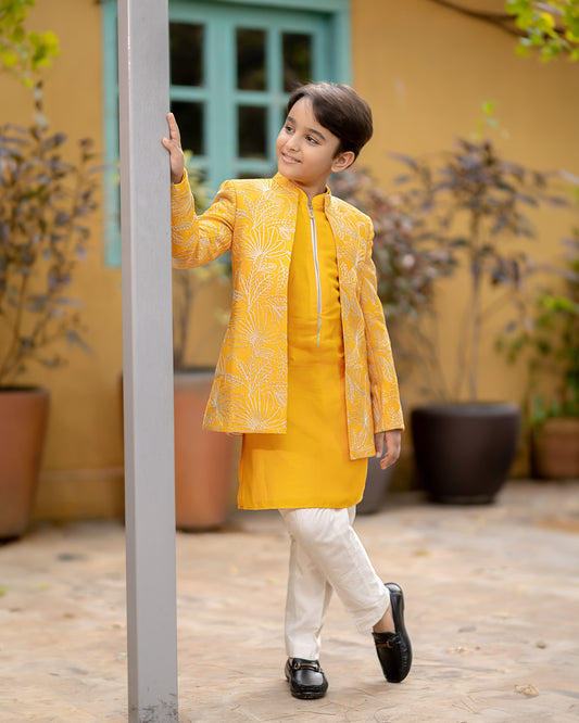 MUSTARD FANCY FABRIC OPEN JACKET WITH MALAI SILK KURTA