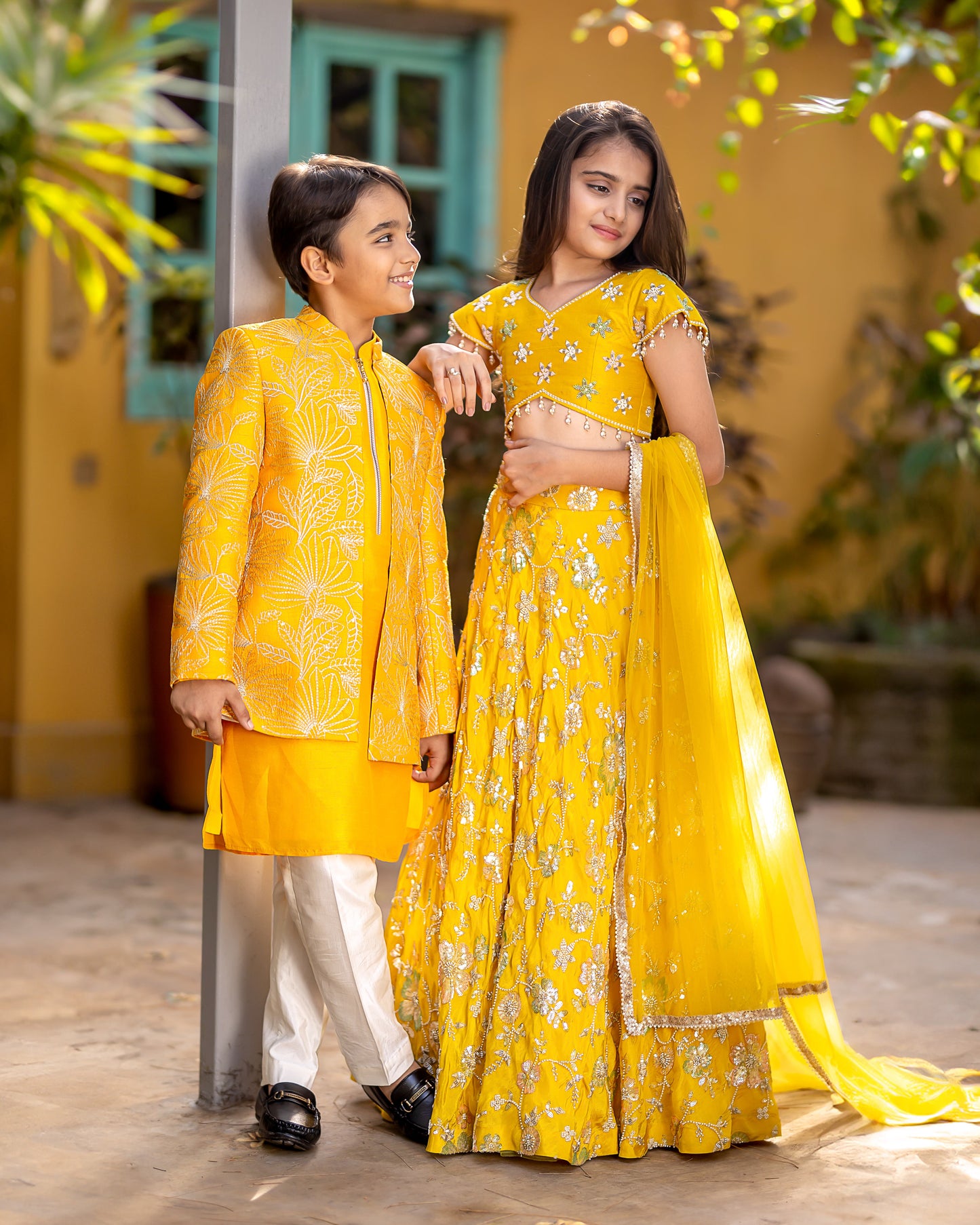 MUSTARD FANCY FABRIC OPEN JACKET WITH MALAI SILK KURTA