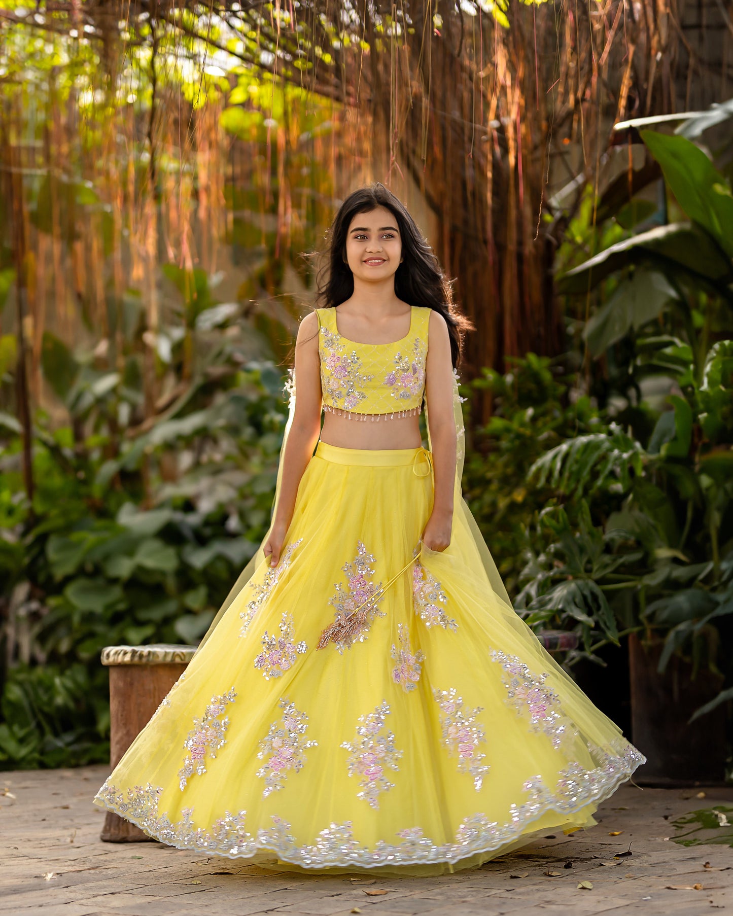 YELLOW NET LEHENGA WITH BUTTAS AND RAW SILK BLOUSE