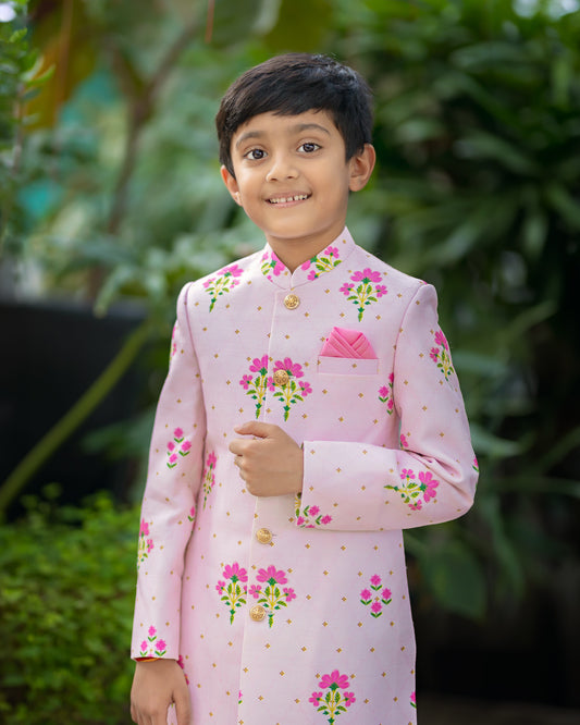 PINK FLORAL MOSAIC PRINTED MALAI SILK SHERWANI