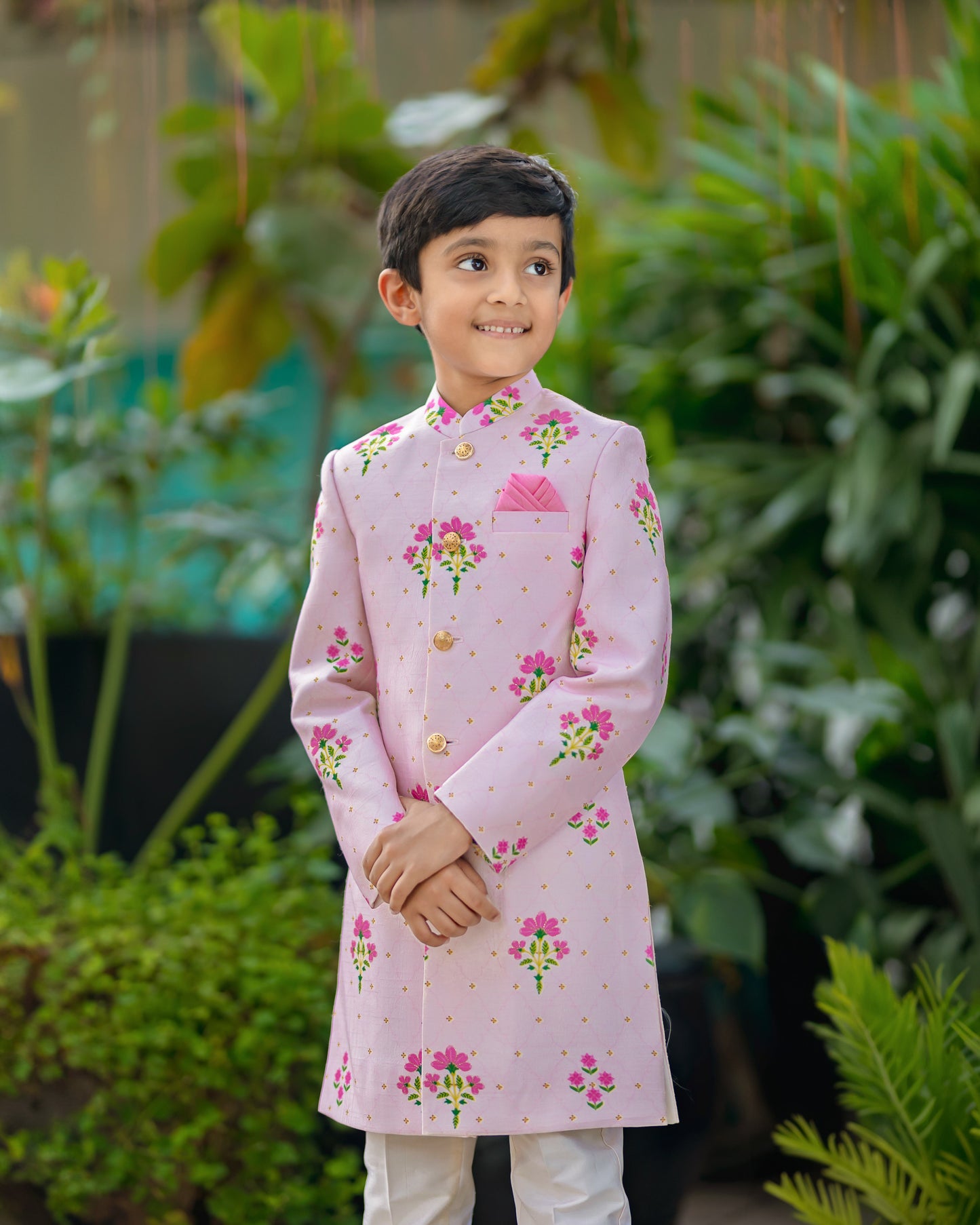 PINK FLORAL MOSAIC PRINTED MALAI SILK SHERWANI