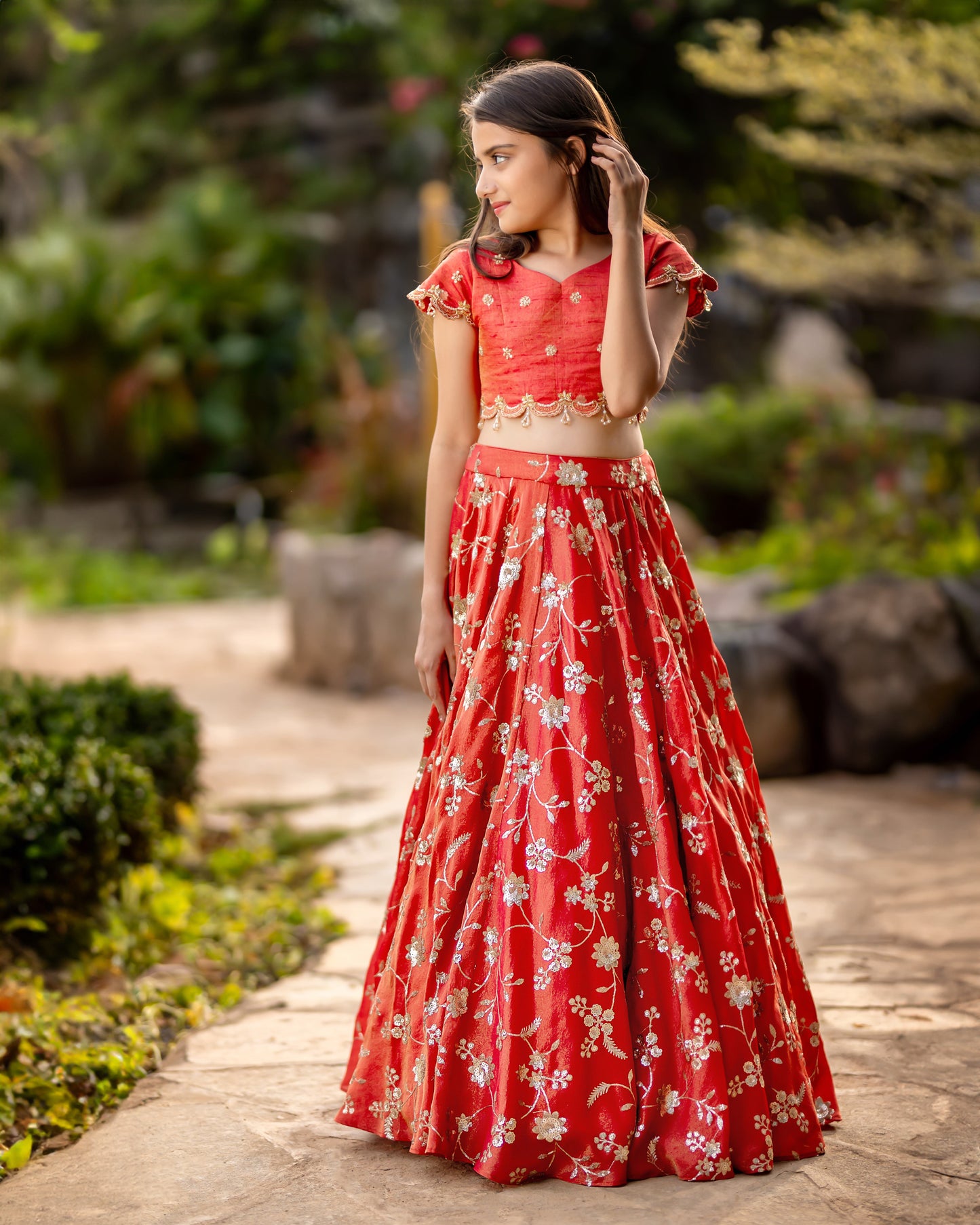 RED TISSUE LEHENGA WITH CROP TOP