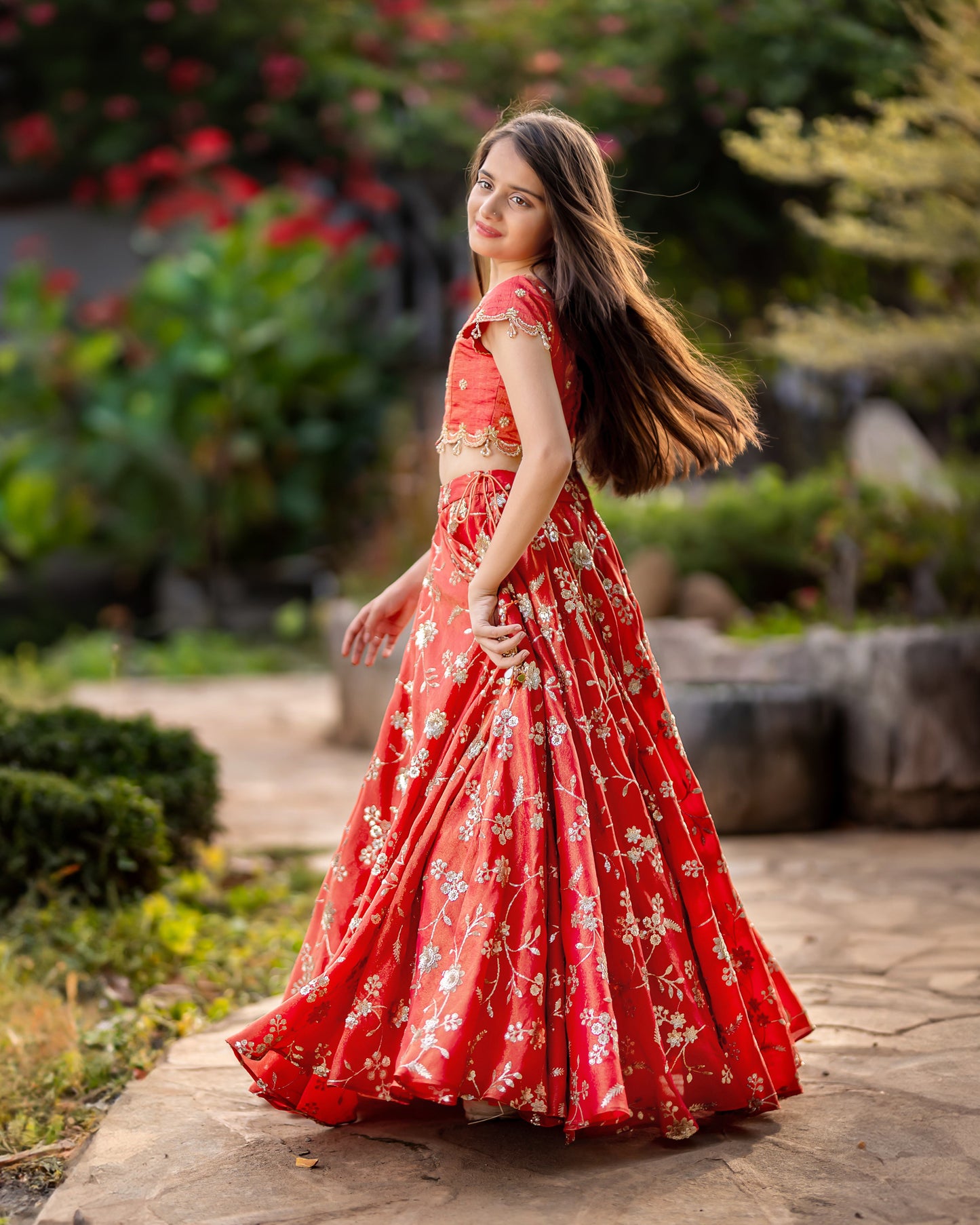 RED TISSUE LEHENGA WITH CROP TOP
