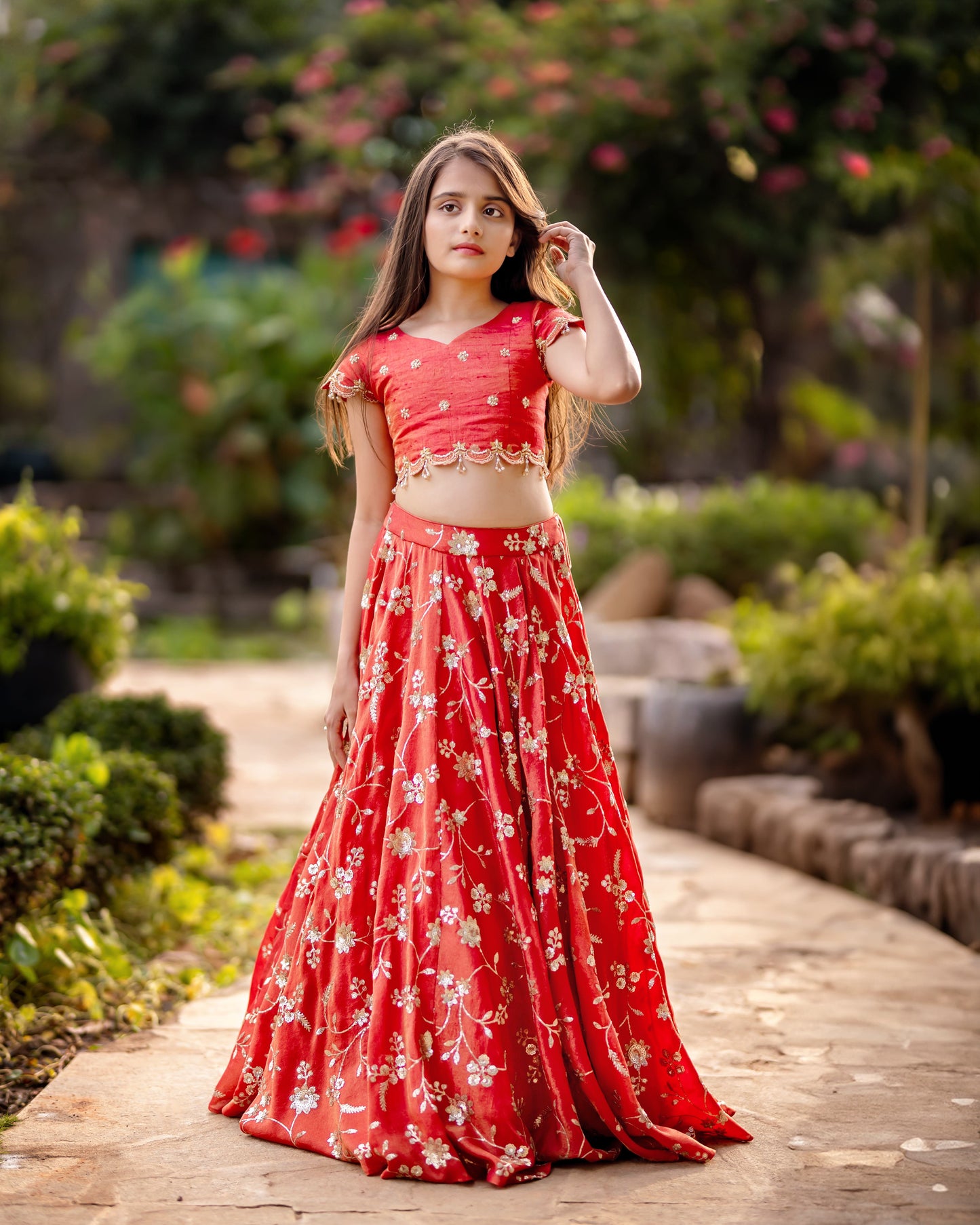 RED TISSUE LEHENGA WITH CROP TOP