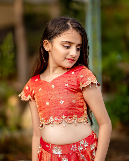 RED TISSUE LEHENGA WITH CROP TOP