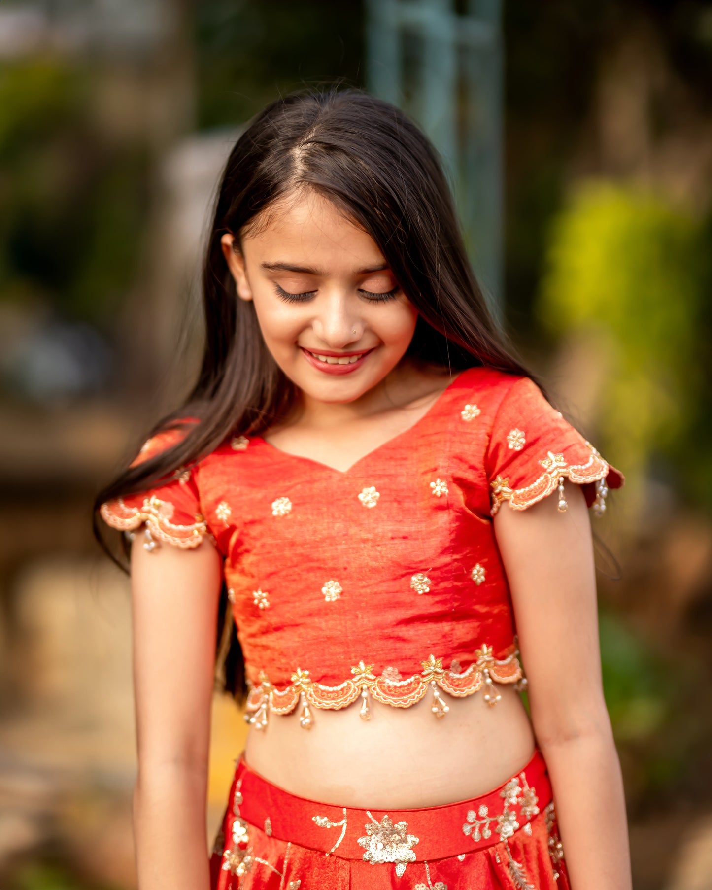 RED TISSUE LEHENGA WITH CROP TOP