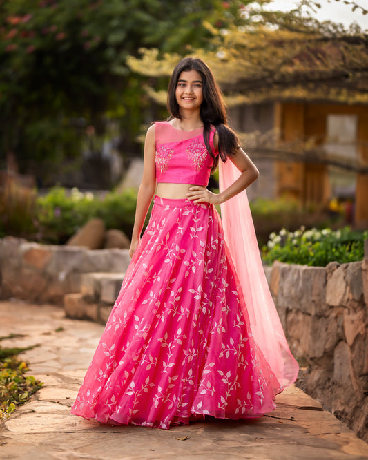 PINK LEAF ORGANZA LEHENGA
