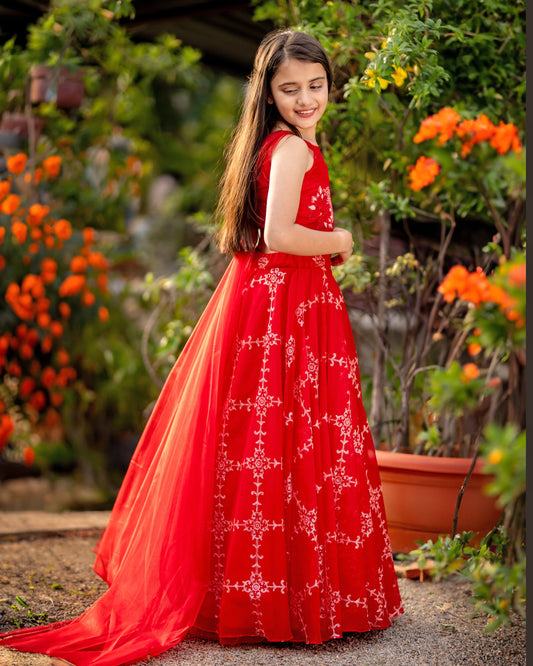 RED JAAL ORGANZA LEHENGA