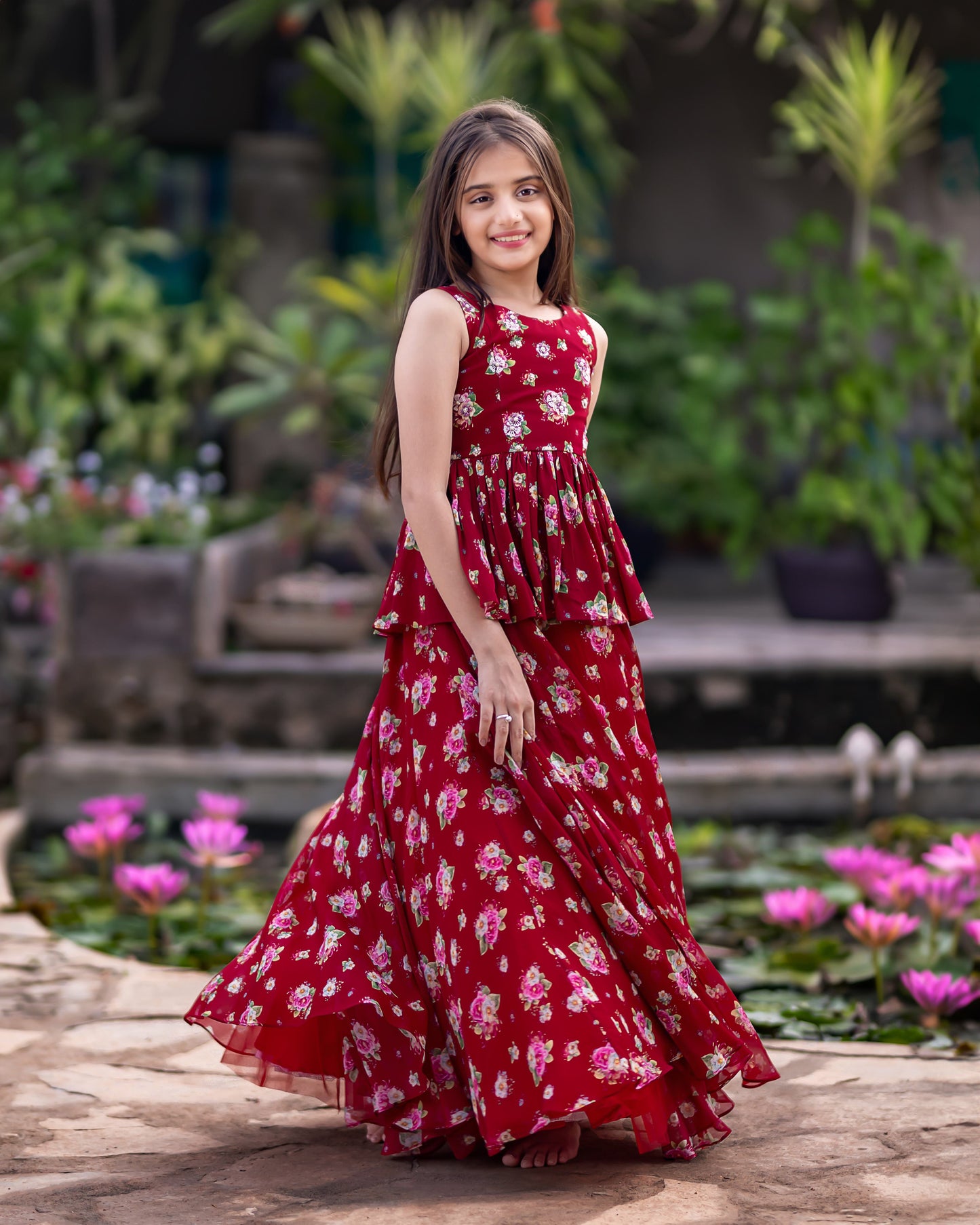 RED FLORAL PEPLUM AND SKIRT