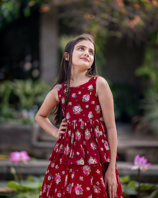 RED FLORAL PEPLUM AND SKIRT