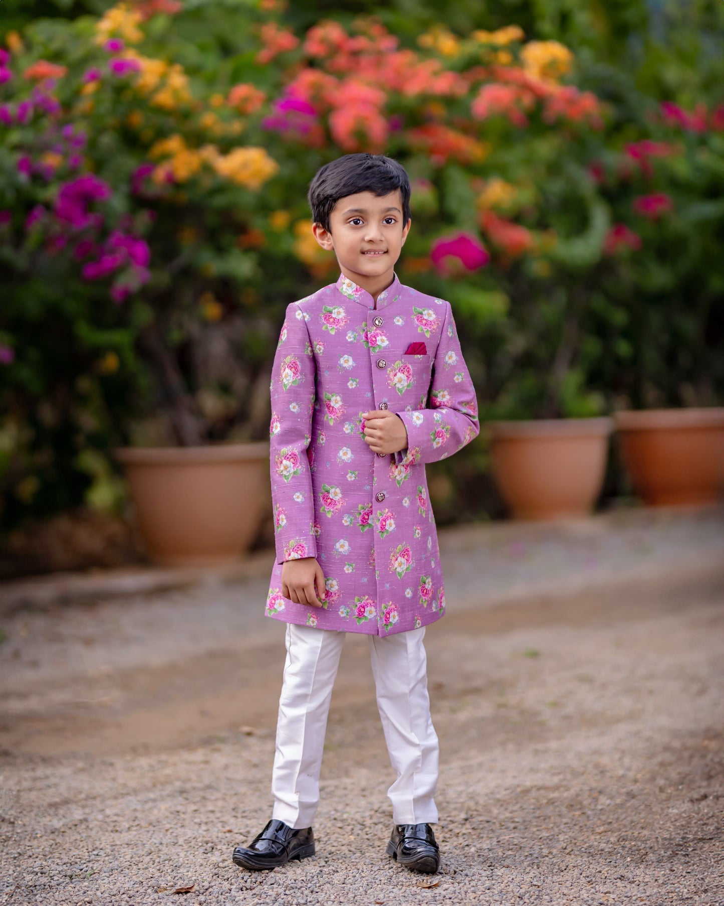 A MAUVE FLORAL PRINTED SHERWANI
