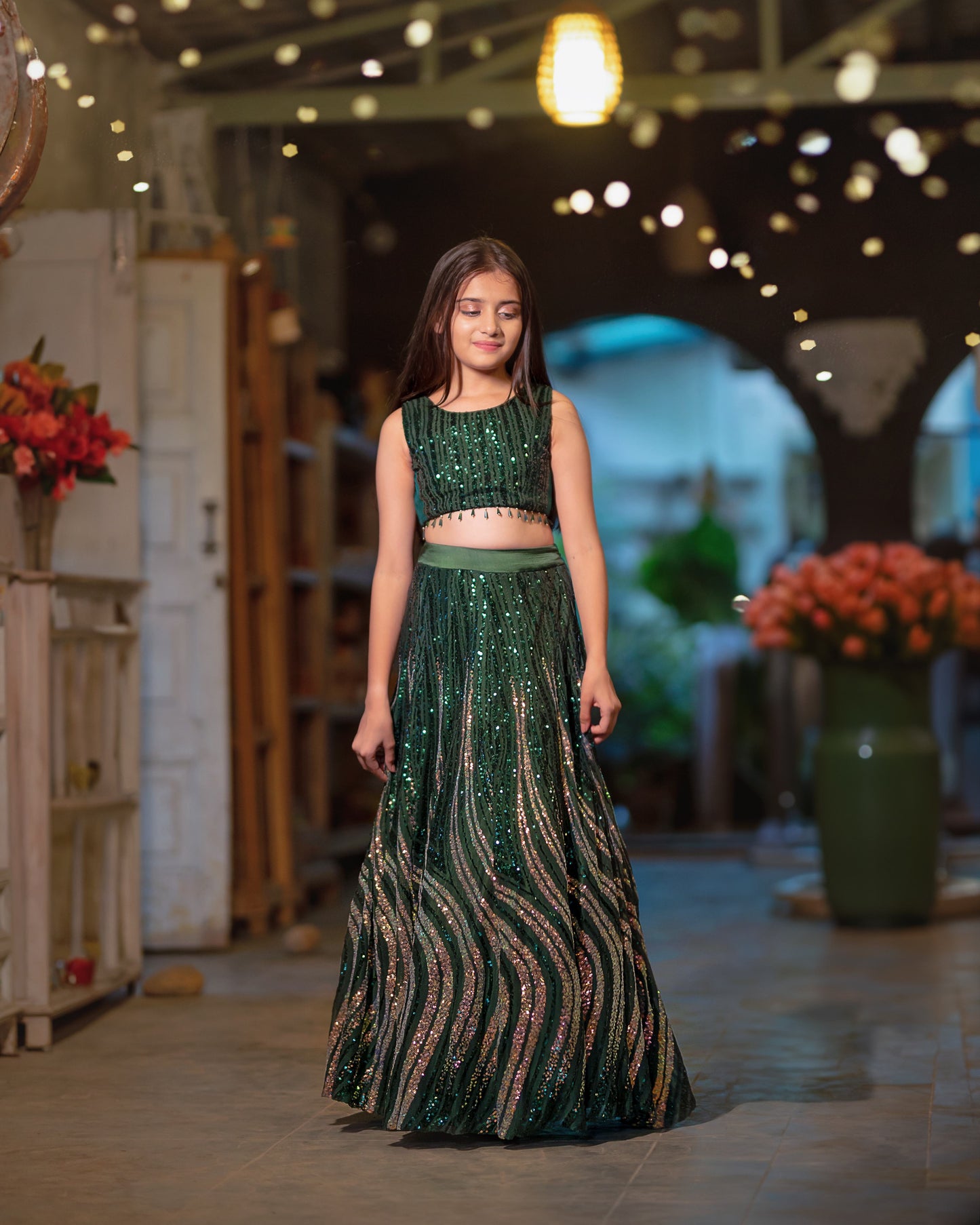 A GREEN AND GOLD SHIMMER LEHENGA