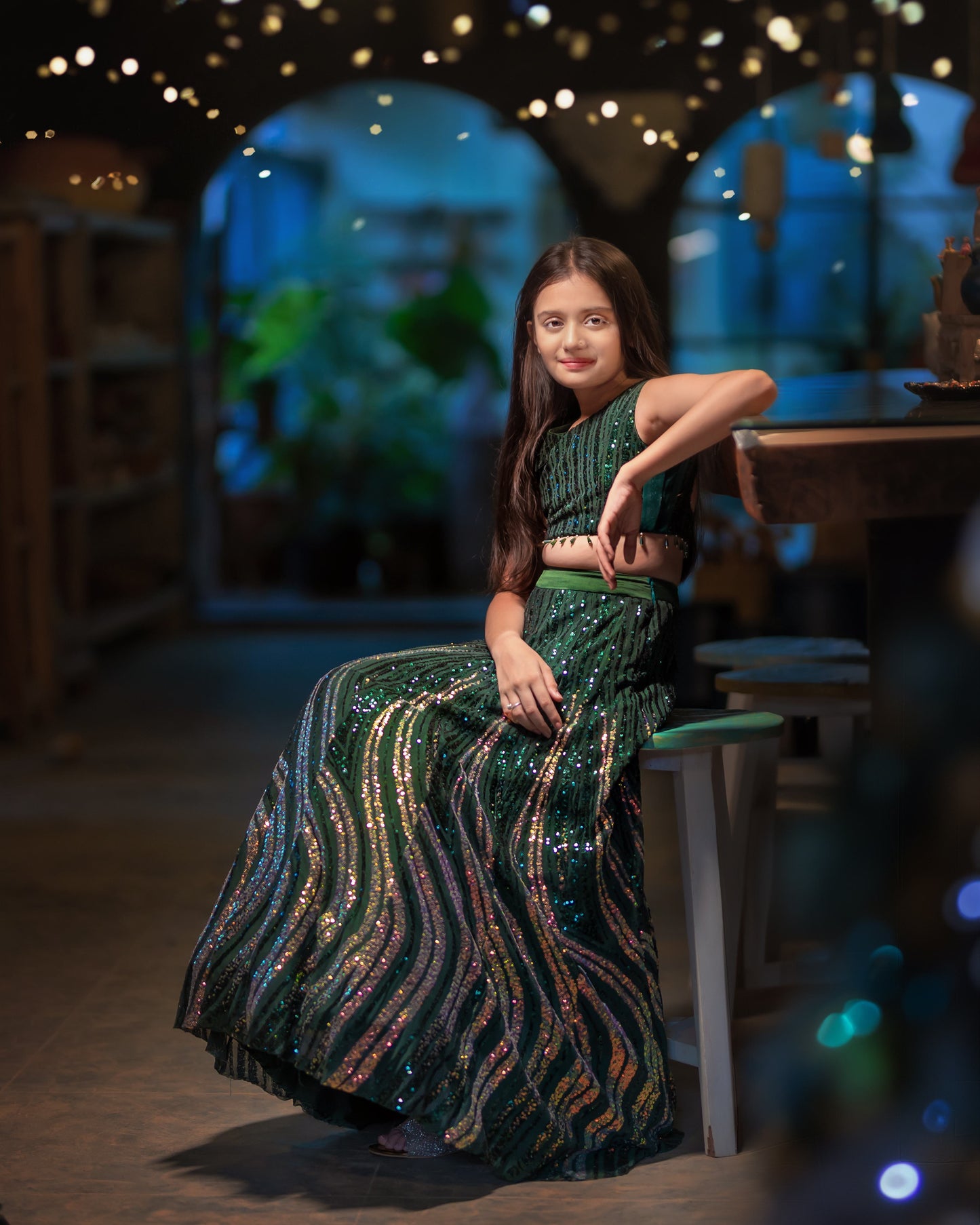 A GREEN AND GOLD SHIMMER LEHENGA