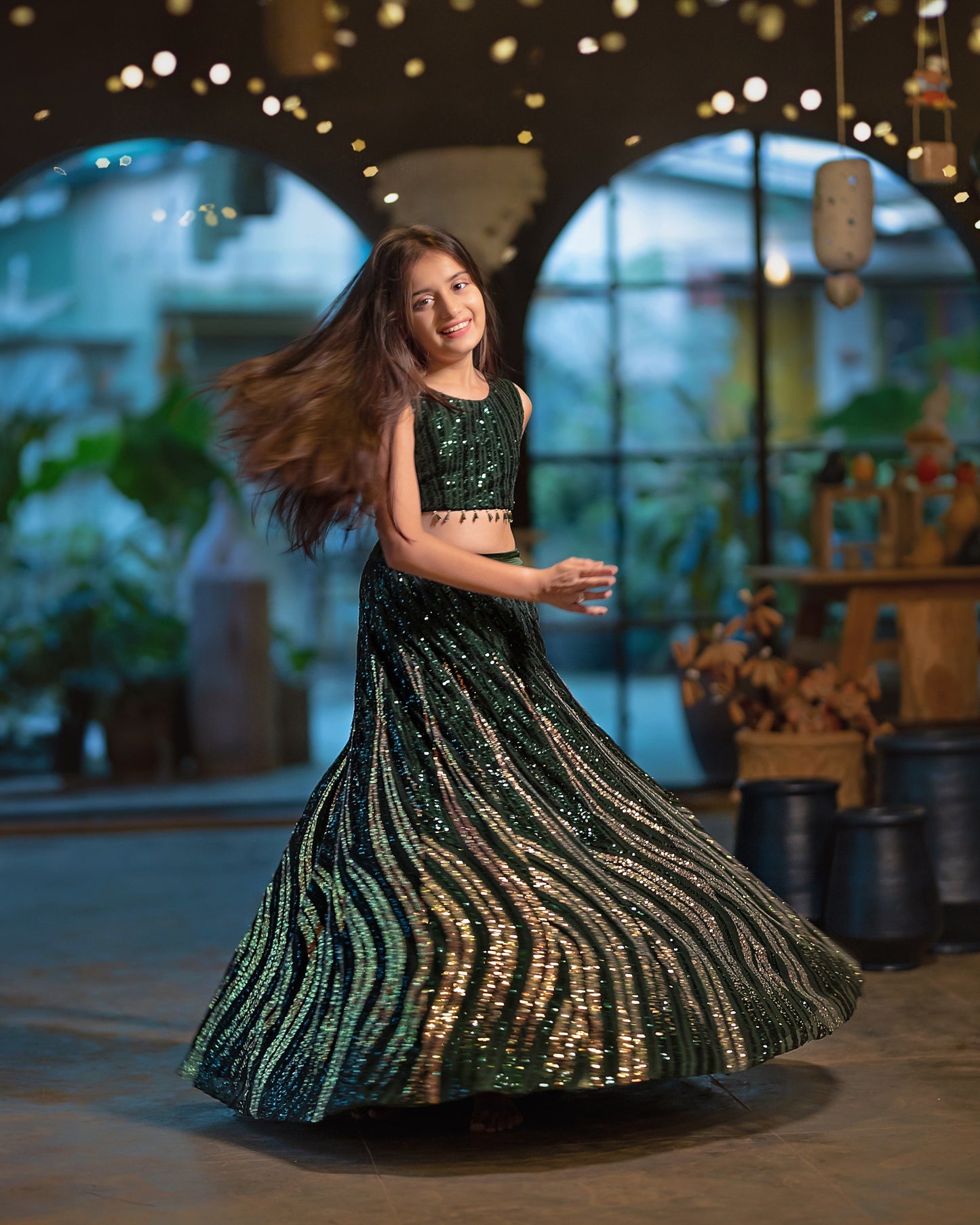 A GREEN AND GOLD SHIMMER LEHENGA