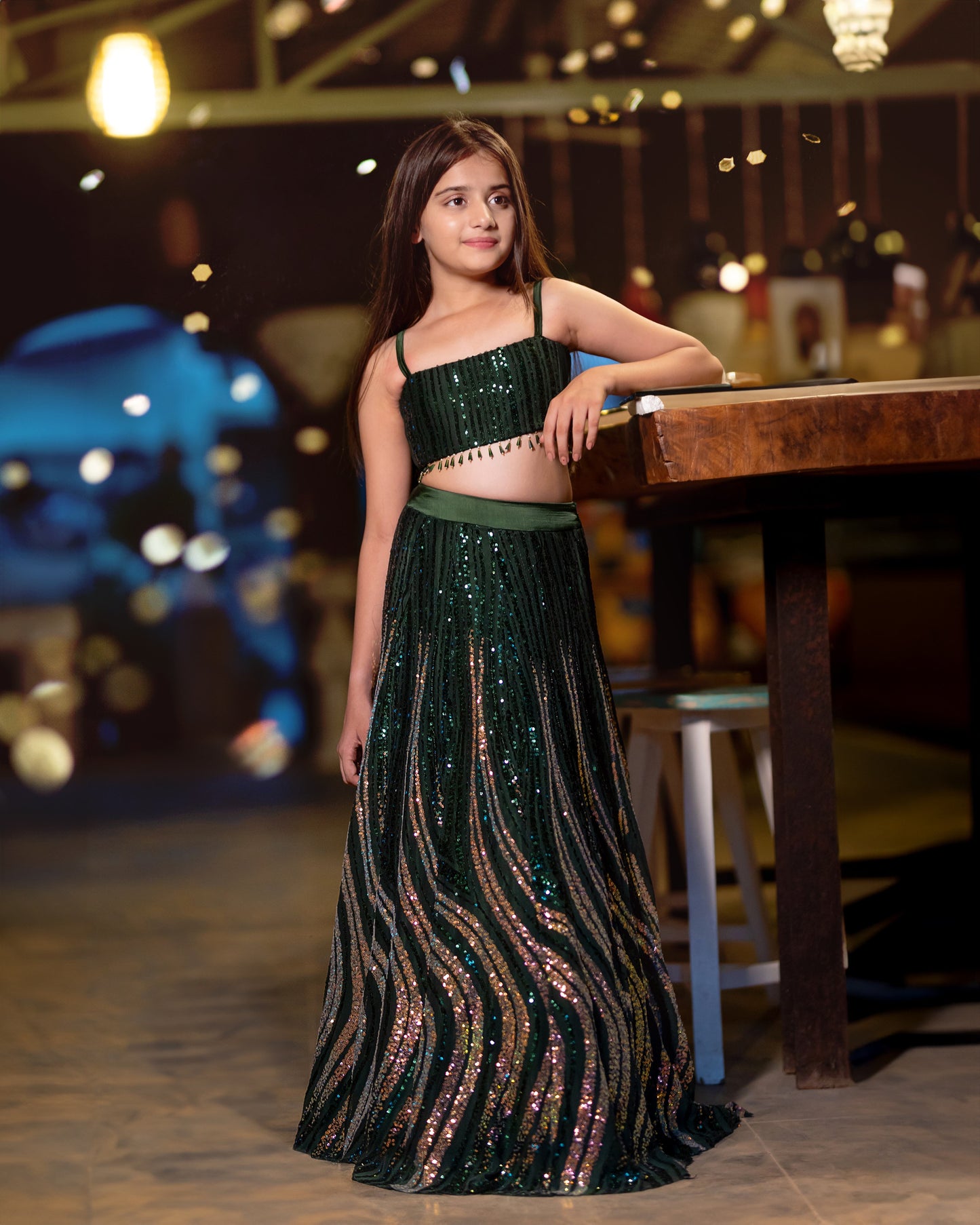 A GREEN AND GOLD SHIMMER LEHENGA