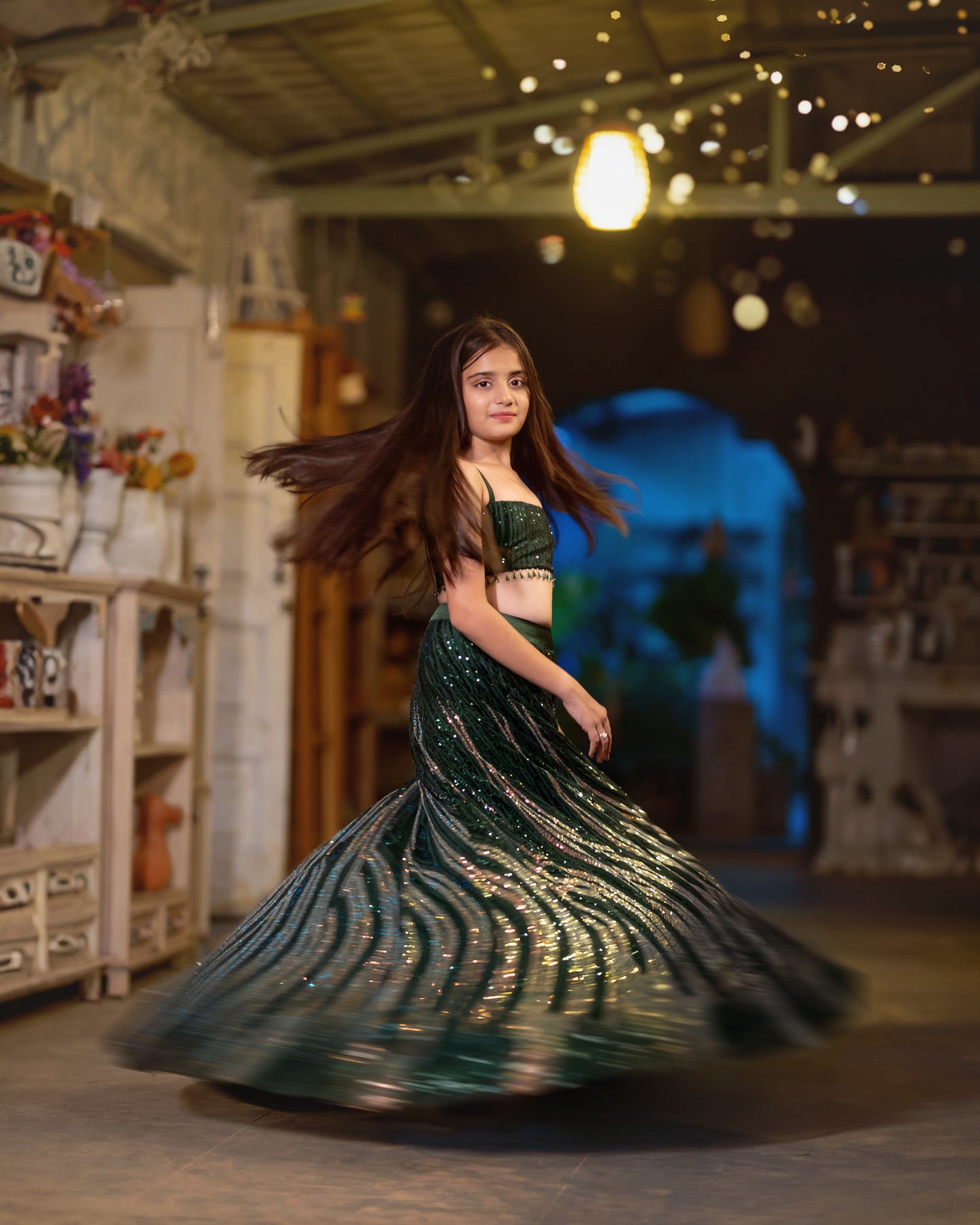 A GREEN AND GOLD SHIMMER LEHENGA