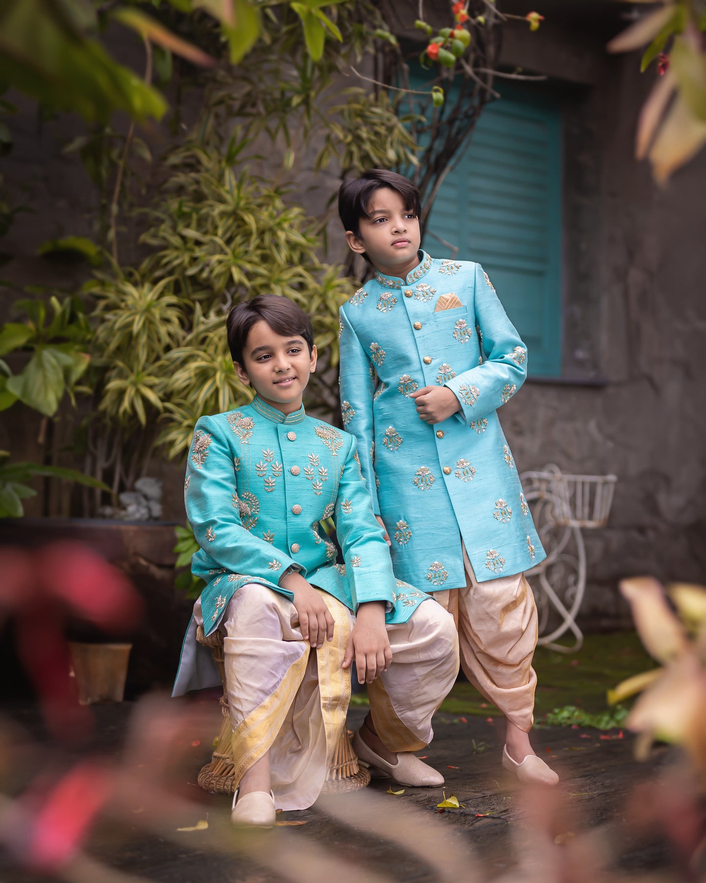 BLUE BUTTI SHERWANI WITH GOLD TISSUE DHOTI