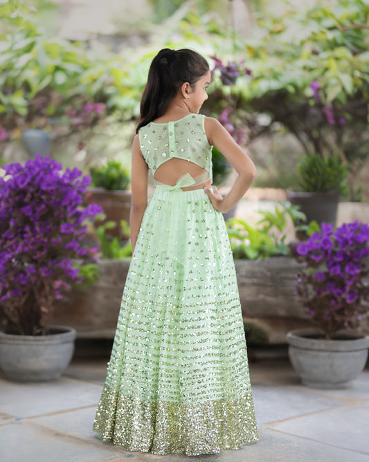 A LIGHT GREEN SEQUENCE LEHENGA WITH RAW SILK BLOUSE