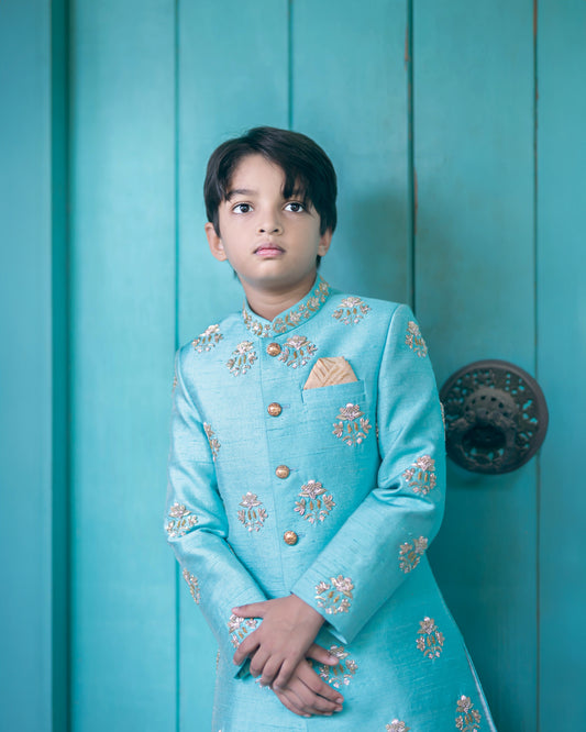 BLUE BUTTI SHERWANI WITH GOLD TISSUE DHOTI