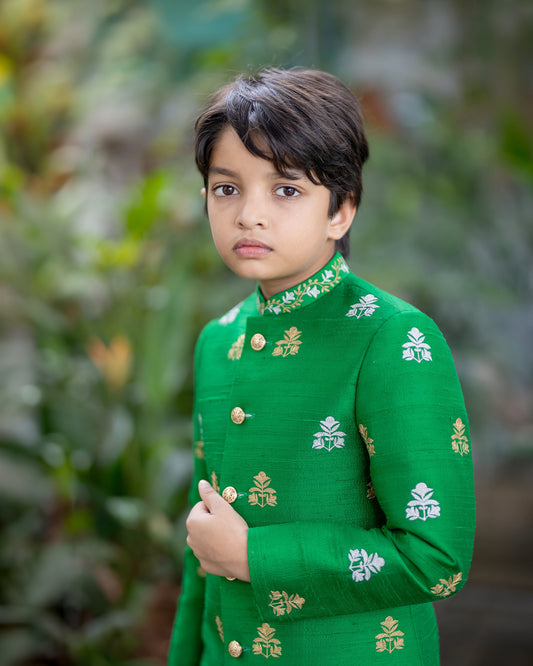 GREEN SHERWANI WITH SILVER AND GOLD BUTTI