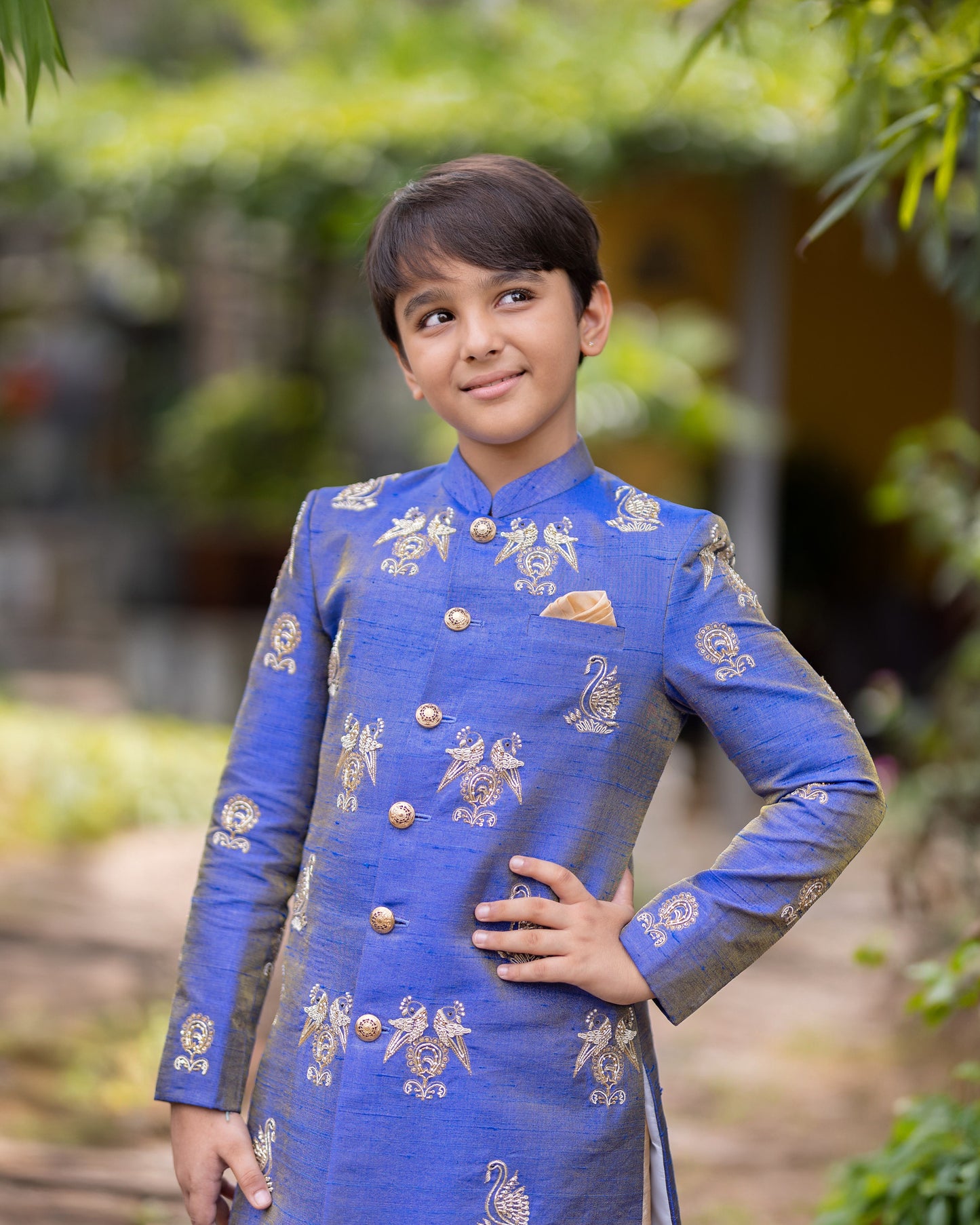 A ROYAL BLUE TISSUE SHERWANI