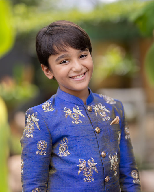 A ROYAL BLUE TISSUE SHERWANI