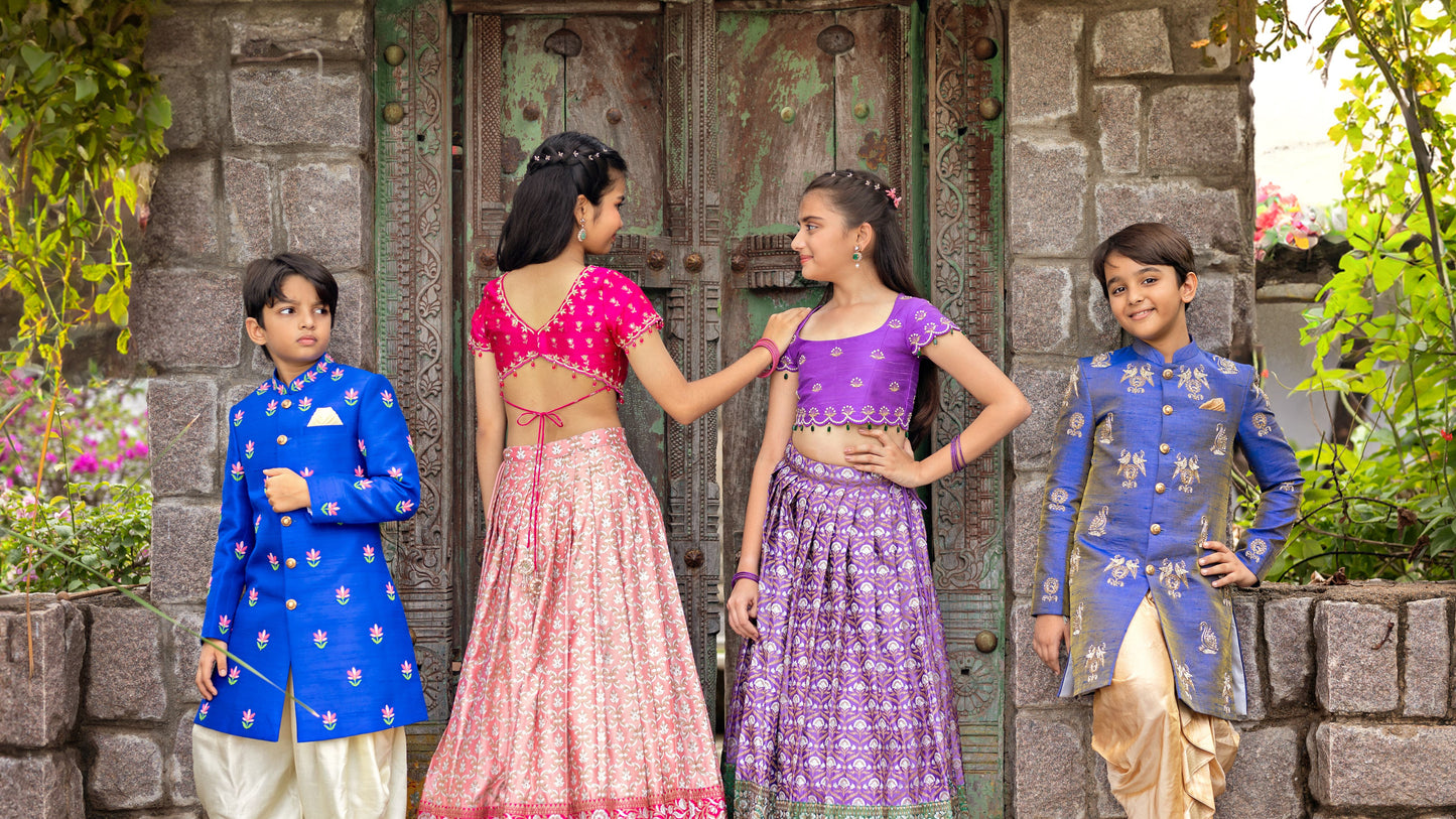 A ROYAL BLUE TISSUE SHERWANI