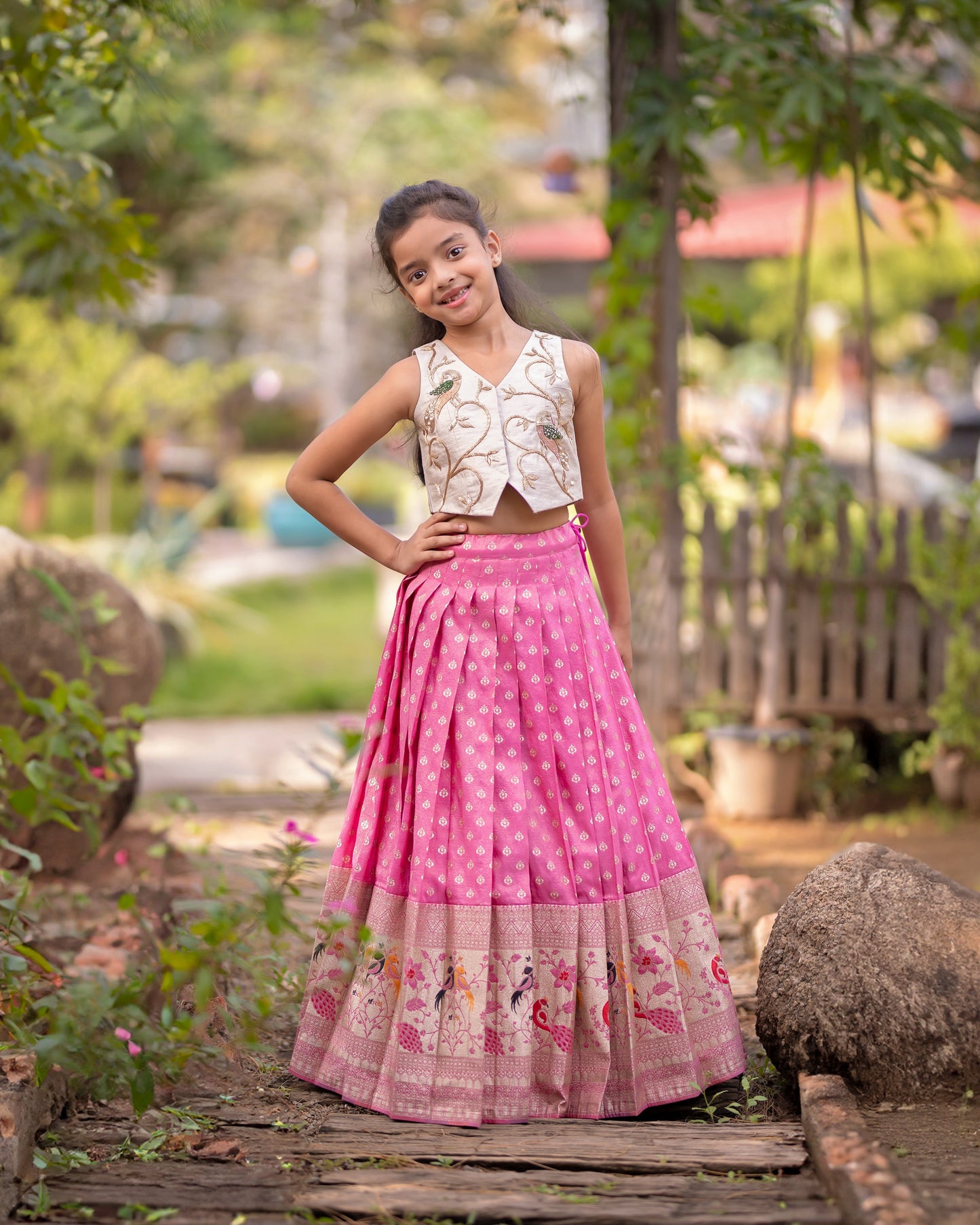 PINK TISSUE BUTII LEHENGA WITH SILVER WAIST COAT