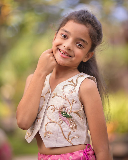 PINK TISSUE BUTII LEHENGA WITH SILVER WAIST COAT