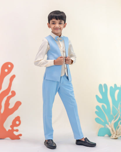 BLUE AND BEIGE COLOUR BLOCK WAISTCOAT SET