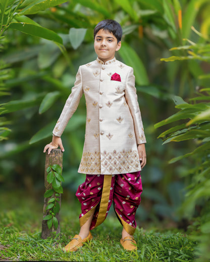 BLUSH PINK TISSUE SHERWANI WITH MAROON BUTTI DHOTI