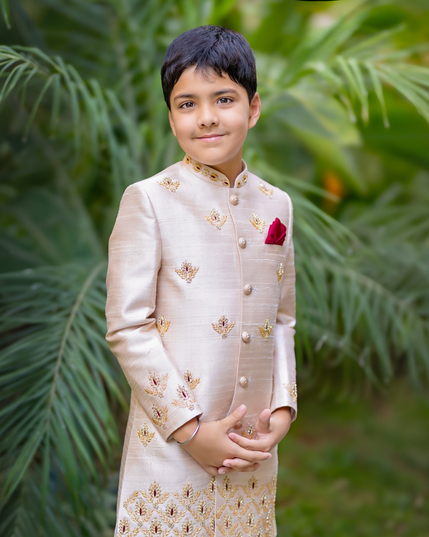 BLUSH PINK TISSUE SHERWANI WITH MAROON BUTTI DHOTI