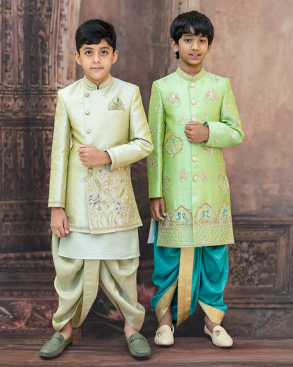 A SAGE GREEN SHERWANI WITH PEACOCK EMBROIDERY