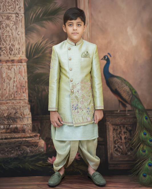 A SAGE GREEN SHERWANI WITH PEACOCK EMBROIDERY
