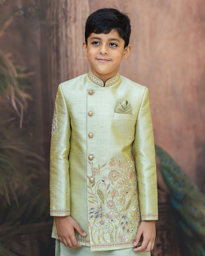 A SAGE GREEN SHERWANI WITH PEACOCK EMBROIDERY