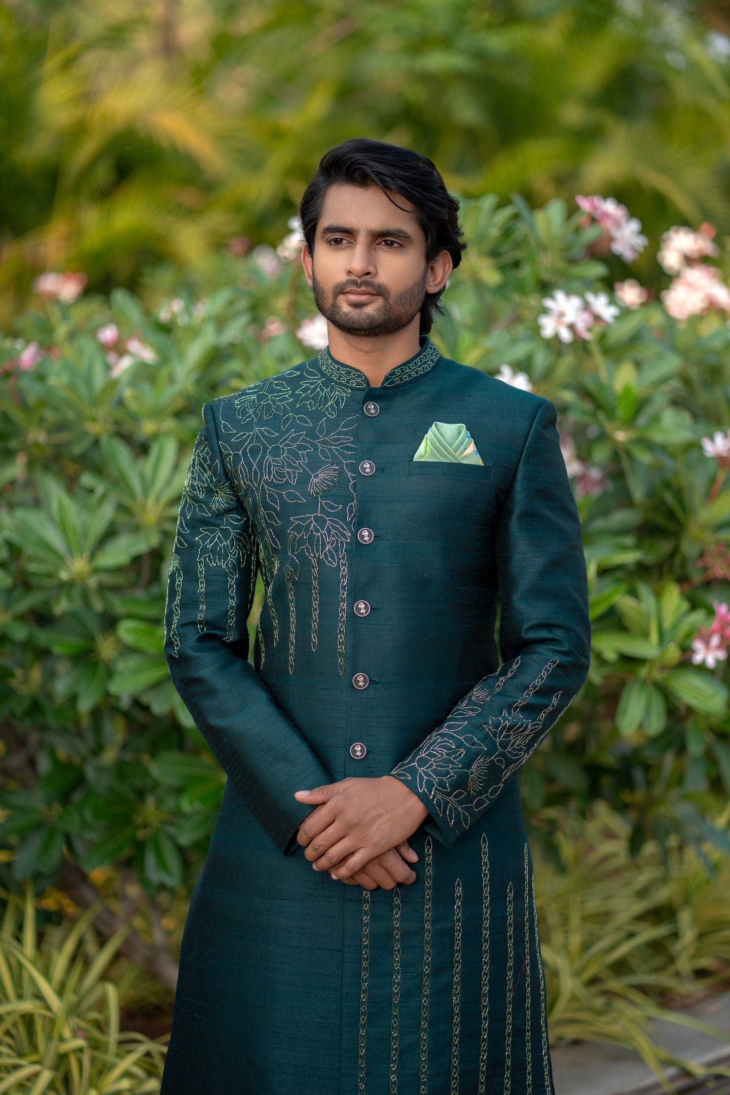 BOTTLE GREEN SHERWANI
