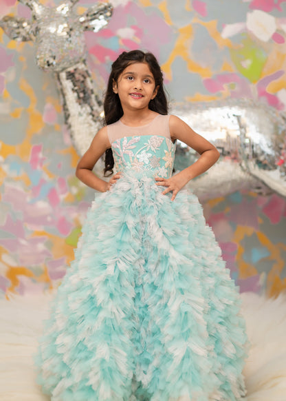 "Turquoise Whisper" - Aquatic Feather Gown