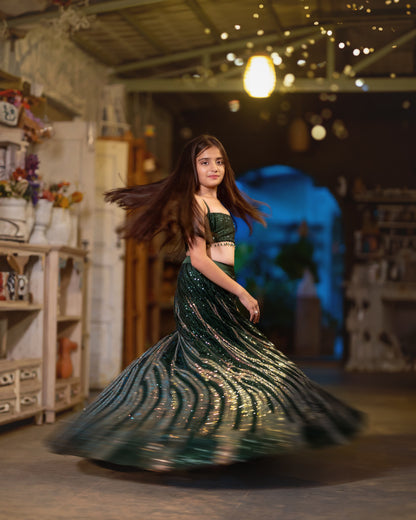 A GREEN AND GOLD SHIMMER LEHENGA