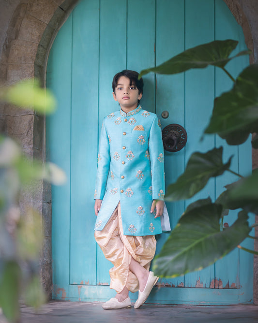 BLUE BUTTI SHERWANI WITH GOLD TISSUE DHOTI