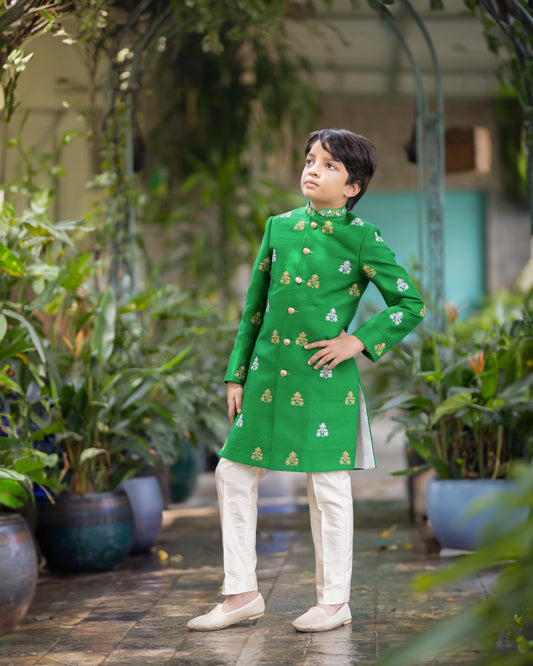 GREEN SHERWANI WITH SILVER AND GOLD BUTTI