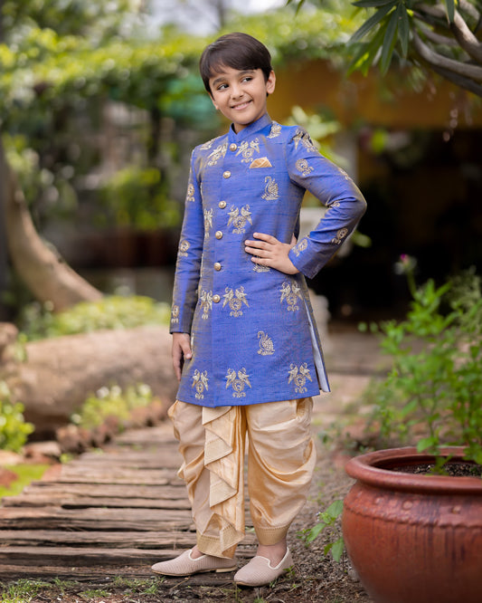 A ROYAL BLUE TISSUE SHERWANI