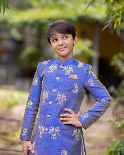 A ROYAL BLUE TISSUE SHERWANI